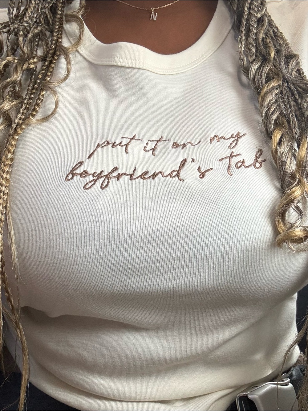 "Put It On My Boyfriend's Tab" Embroidered Baby Tee